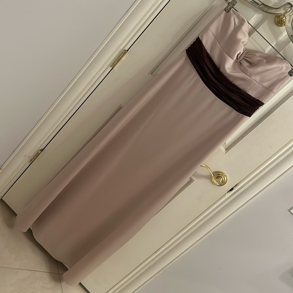 BCBG Maxazria champagne gown with brown sash